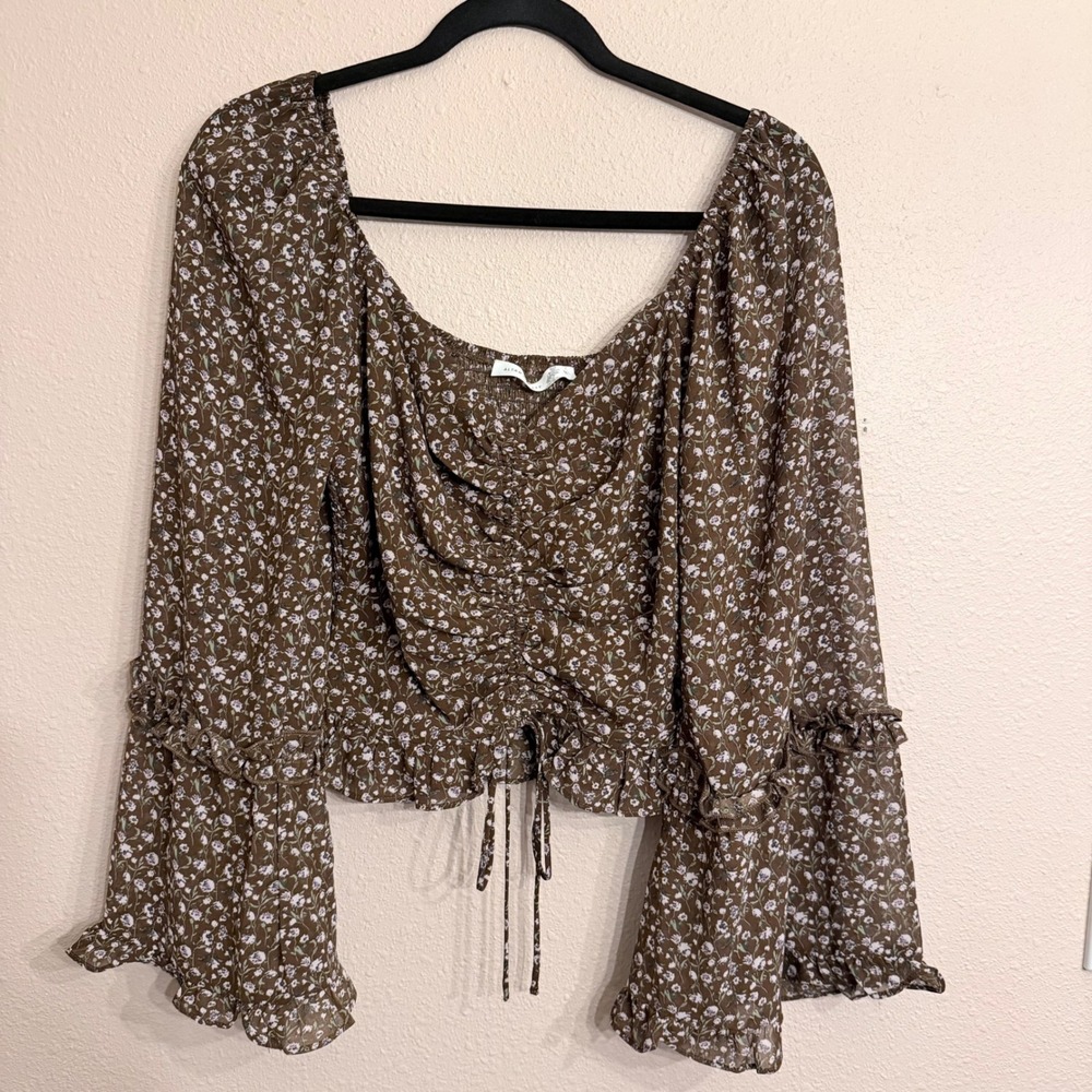 Altar'd State Brown Floral Ruched Smocked Bell Sleeve Crop Top LT17491B-018 M